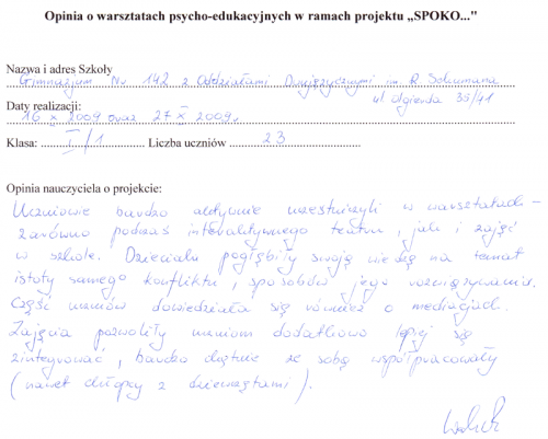 Opinia gimnazjum nr 142