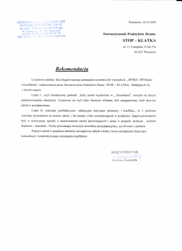 Rekomendacja gimnazjum nr 82